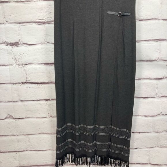 Talbots Dress SZ 12 Dark Gray Faux Wrap Rayon Maxi Fringe Lined Sleeveless Long - Picture 2 of 14
